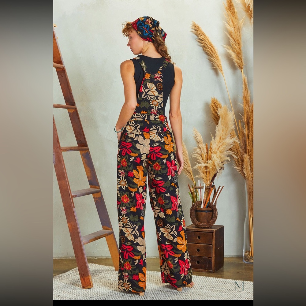Floral Multicolor Women's Jumpsuit S NEW Jungle Print Overalls Linen Cotton Boho - Picture 8 of 13
